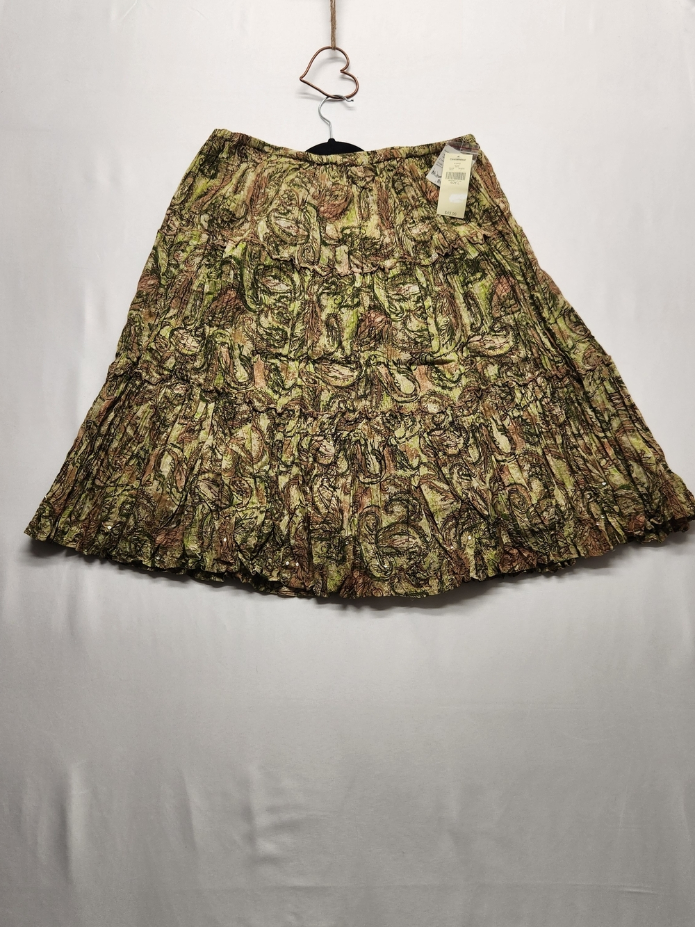 ⭐️NWT Valerie Stevens Paisley Tiered Sequin Crinkle Midi Skirt Green Boho Large